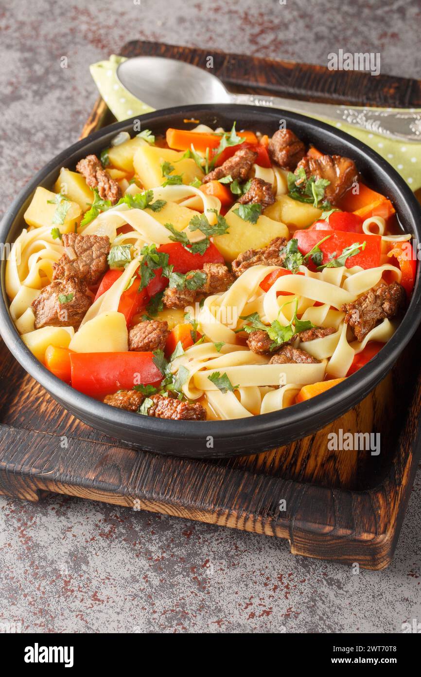 Lagman Uzbek dish is a fragrant soup with noodles and pieces of lamb, vegetables and herbs closeup on the plate on the wooden board. Vertical Stock Photo