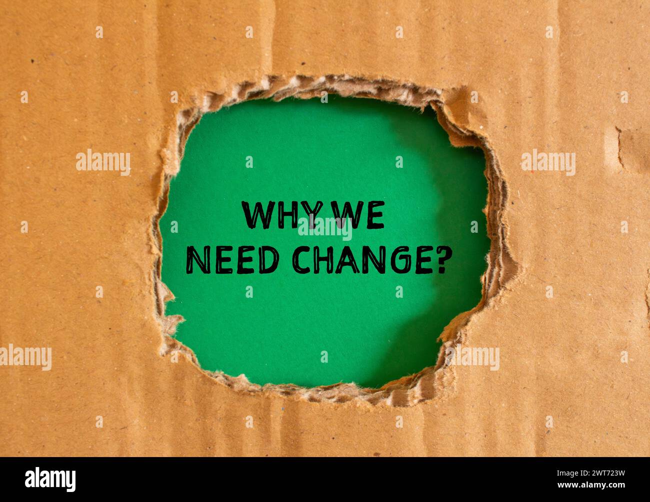 Why we need change words written on torn paper with green background. Conceptual symbol. Copy space. Stock Photo