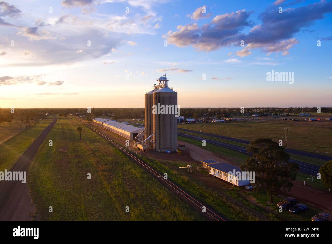 Aerial of Silo's and sheds for wheat harvest at Wallumbilla on the Maranoa Queensland Australia Stock Photo