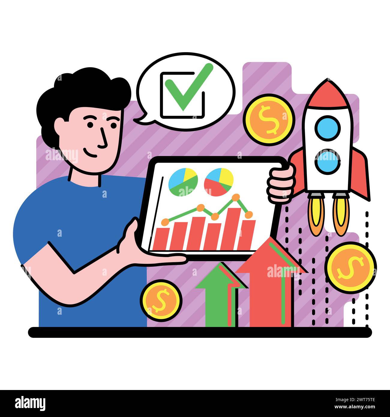 Vector image of person demonstrates on the tablet the positive