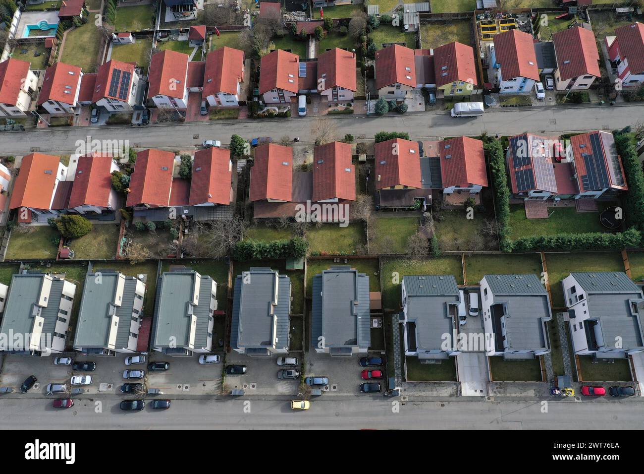Housing Estate Residential Suburban Area View From Above, Aerial Drone View Stock Photo