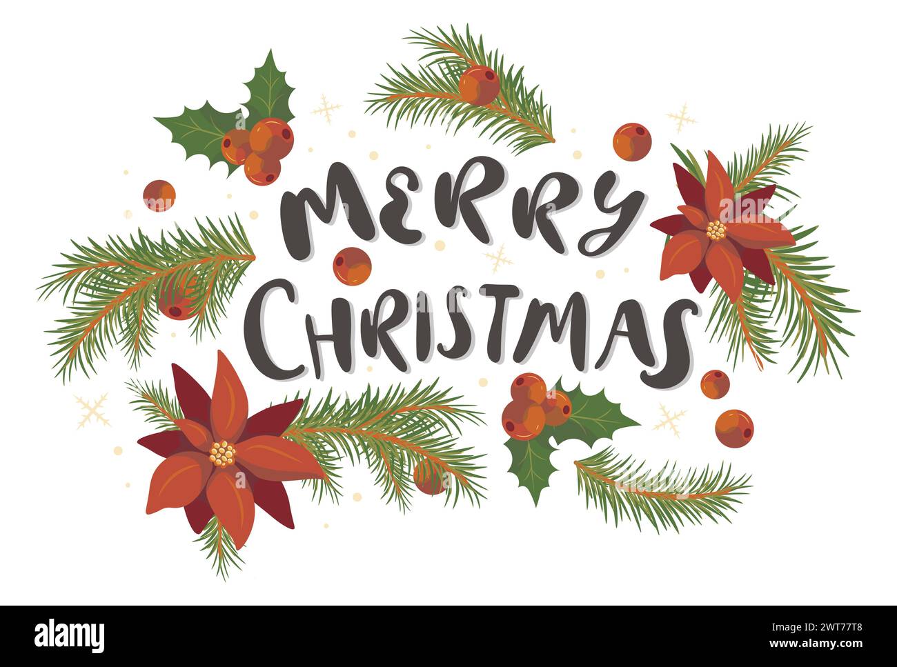 Merry Christmas design with fir and holly branches on the letters Stock ...