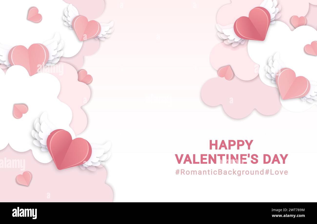 romantic pink rectangular background with hearts in the clouds in paper ...
