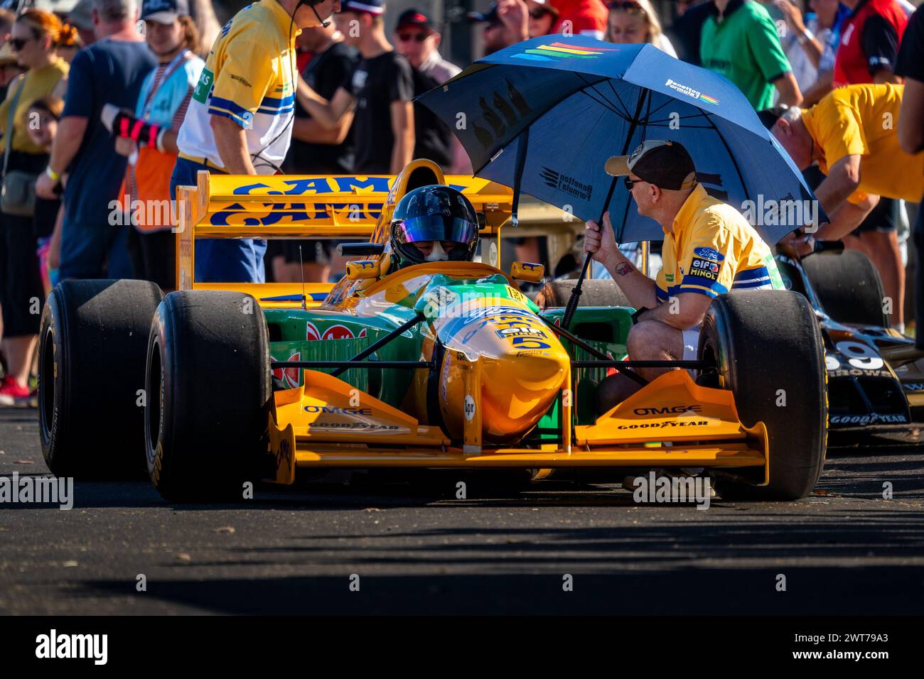 Adelaide, Australia. 16 March, 2024. Michael Schumacher’s Benetton B192 Formula 1 car from 1992 getting ready to head out on track on Saturday at the 2024 Repco Adelaide Motorsport Festival. Credit: James Forrester/Alamy Live News Stock Photo