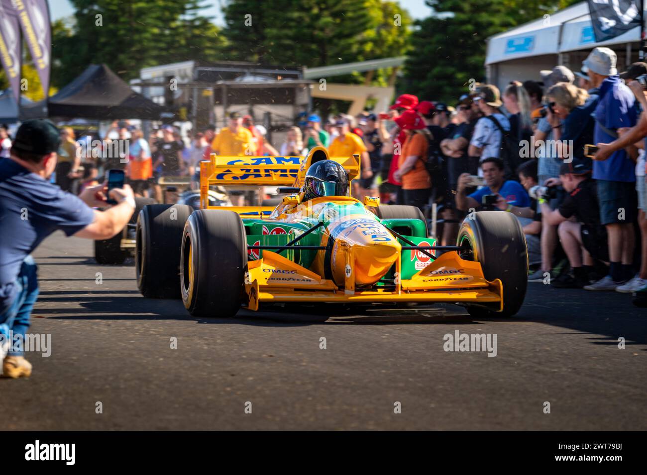 Adelaide, Australia. 16 March, 2024. Michael Schumacher’s Benetton B192 Formula 1 car from 1992 getting ready to head out on track on Saturday at the 2024 Repco Adelaide Motorsport Festival. Credit: James Forrester/Alamy Live News Stock Photo
