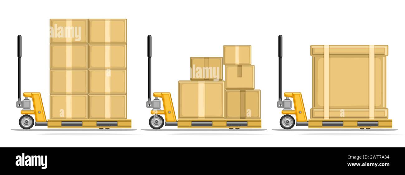 Vector set of Pallet Trucks, horizontal header with isolated illustrations of profile side view pallet jack with pile of paper boxes, warehouse pallet Stock Vector