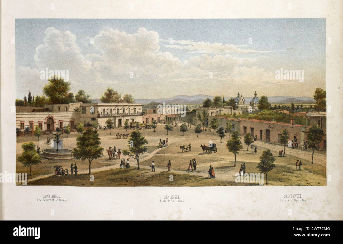 View of the Plaza de San Jacindo, San Angel, Mexico.  Vintage historical Lithography by Casimiro Castro. circa 1870s Stock Photo