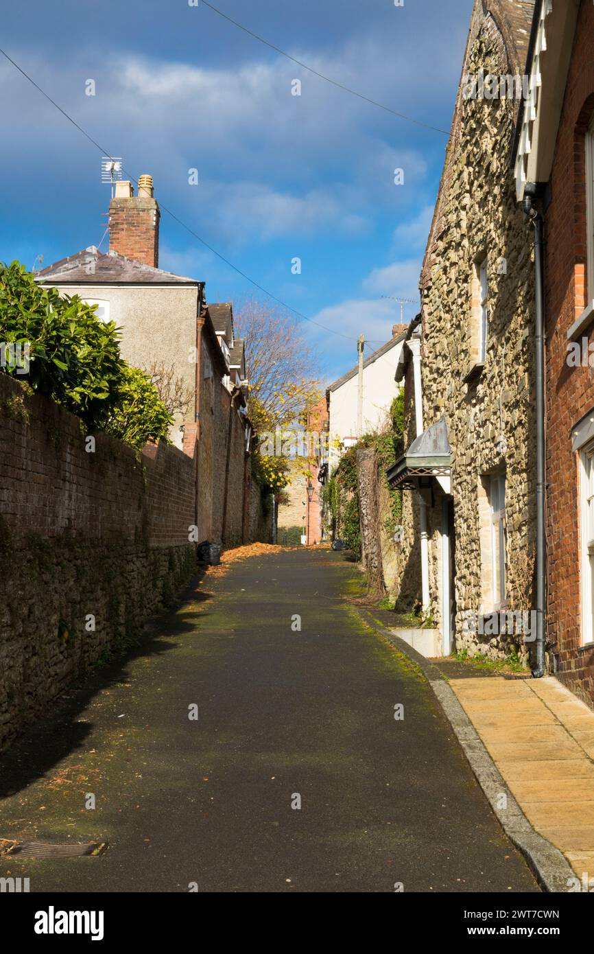 A view up Dinham (Lane) in  Ludlow, towards the castle.  Shropshire, England. November. Stock Photo
