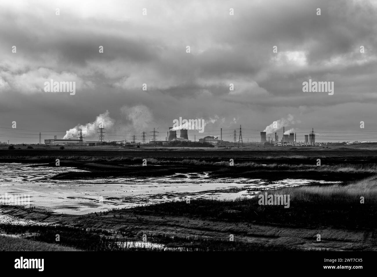 Black and white industrial landscape in the North East of England. Marshland in the foreground with cooling towers and pylons across the horizon. UK Stock Photo