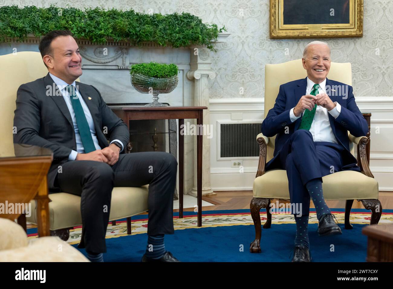 Washington, United States Of America. 15th Mar, 2024. Washington, United States of America. 15 March, 2024. U.S President Joe Biden hosts a bilateral meeting with the Taoiseach of Ireland Leo Varadkar, left, for the traditional St Patrick's Day event at the Oval Office of the White House, March 15, 2024 in Washington, DC Credit: Adam Schultz/White House Photo/Alamy Live News Stock Photo