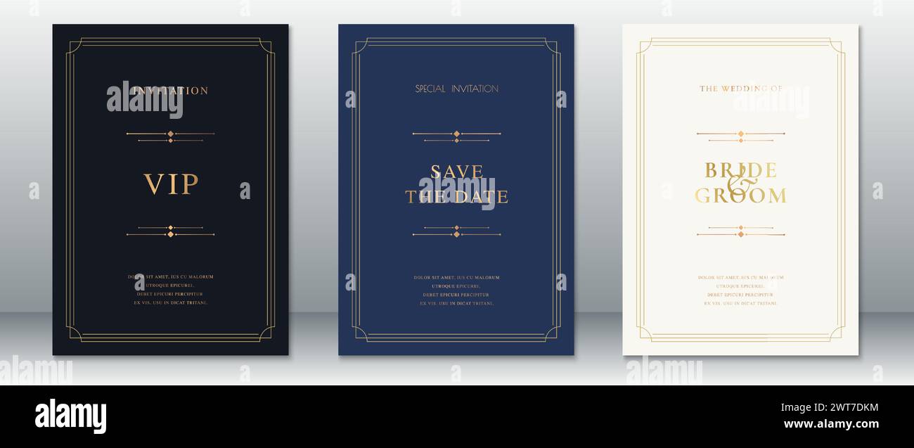 Luxury wedding invitation card template elegant background vintage design with golden frame Stock Vector