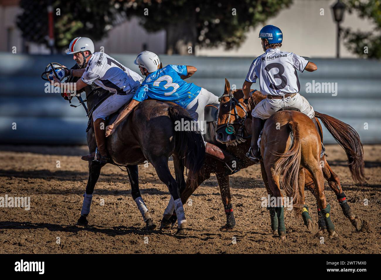 Buenos Aires, Argentina. 7th Mar, 2024. France's Nicolas Thiessard (L) and Mexico's Jose Luis Nieto (R) seen in action with Argentina's Justo Bermudez of Sierra de los Padres (C) during the Open Horseball Argentina, held at the Regimiento de Granaderos a Caballo. The International Tournament ''Open Horseball Argentina'' was played at the Regimiento de Granaderos a Caballo General San MartÃ-n, in the city of Buenos Aires, on March 7, 8 and 9 for promotional purposes. It was the prelude to the Horseball World Championship 2025 to be held in Argentina. Three matches were played on each date. The Stock Photo