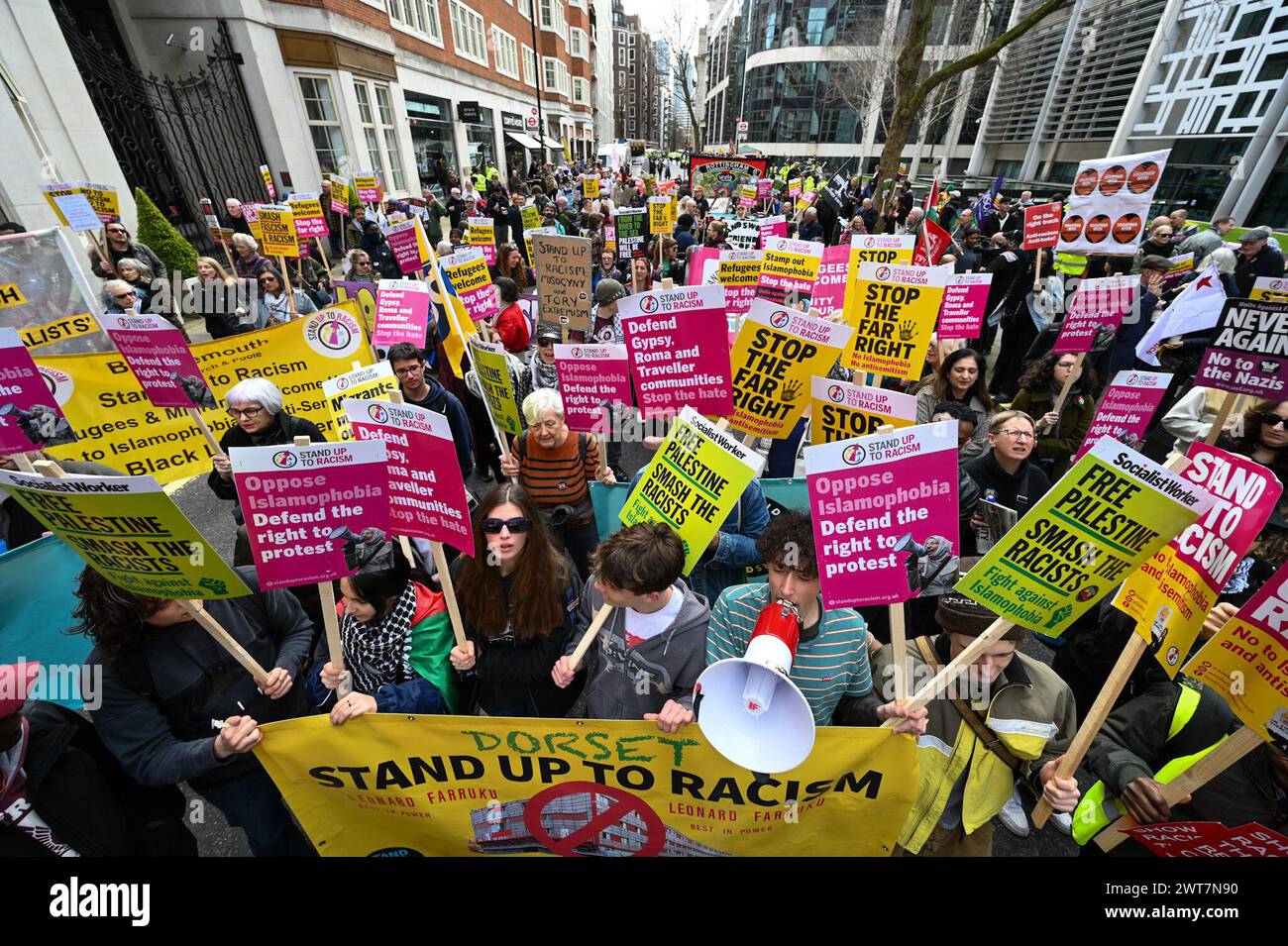 London, UK. 16th Mar, 2024. A Stop Racism, Stop the Hate demonstration in London started with a rally at the Home office and was followed by a march to downing street. It was organised by Stand Up To Racism in conjunction with #HouseAgainstHate, @R3SoundSystem and @lmhrnational supported by 17 trade unions, The Muslim Council of Britain Jewish Socialists' Group other faith groups, organisations, campaigns and Trades Union Congress (TUC). Credi Credit: Guy Bell/Alamy Live News Stock Photo