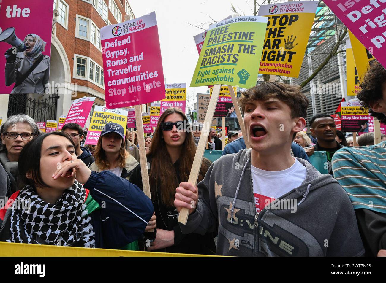 London, UK. 16th Mar, 2024. A Stop Racism, Stop the Hate demonstration in London started with a rally at the Home office and was followed by a march to downing street. It was organised by Stand Up To Racism in conjunction with #HouseAgainstHate, @R3SoundSystem and @lmhrnational supported by 17 trade unions, The Muslim Council of Britain Jewish Socialists' Group other faith groups, organisations, campaigns and Trades Union Congress (TUC). Credi Credit: Guy Bell/Alamy Live News Stock Photo