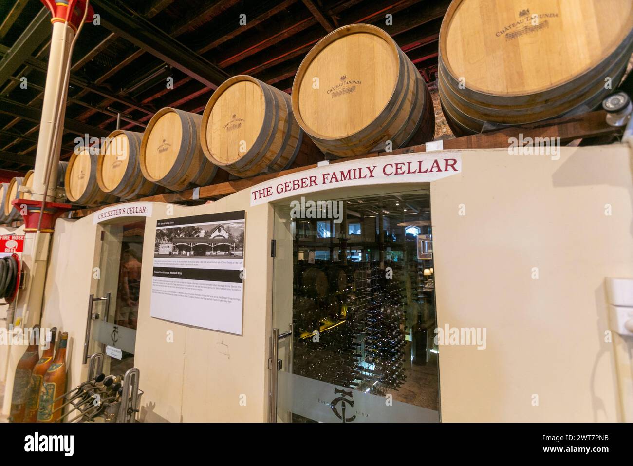 Chateau Tanunda in the Barossa Valley, cellar door and the Geber family wine cellar, with wine barrels above, South Australia,2024 Stock Photo