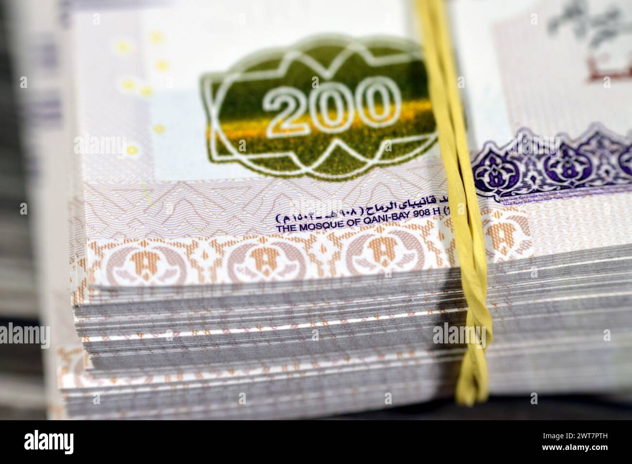 Pile and Stack of Egypt money  thousands of Pounds currency banknotes bills of 200 EGP LE, Egyptian money exchange rate and economy status, money conc Stock Photo