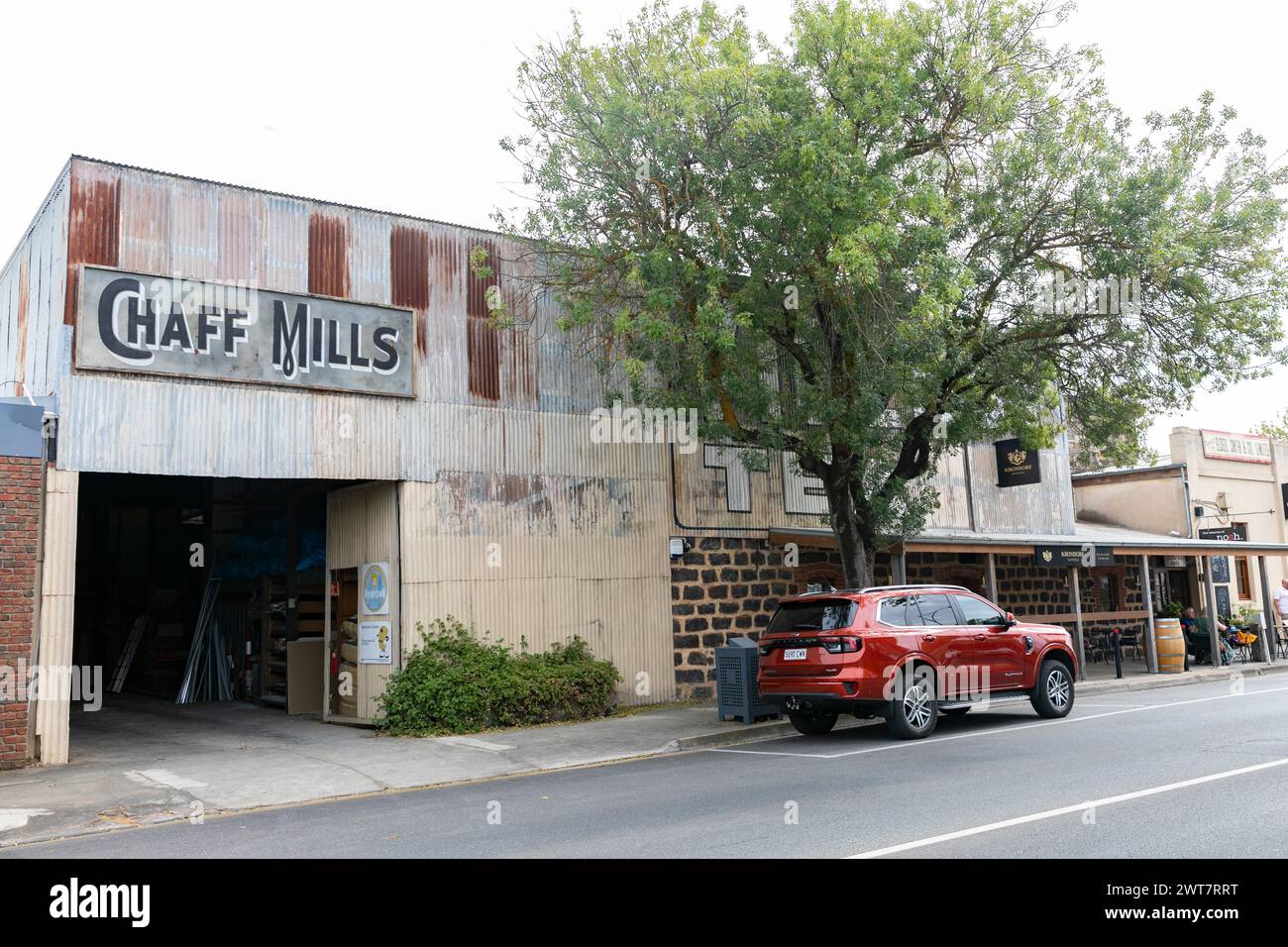 Tanunda town centre and historic trail buildings including tin facade char mills sign,Barossa Valley,South Australia,2024 Stock Photo
