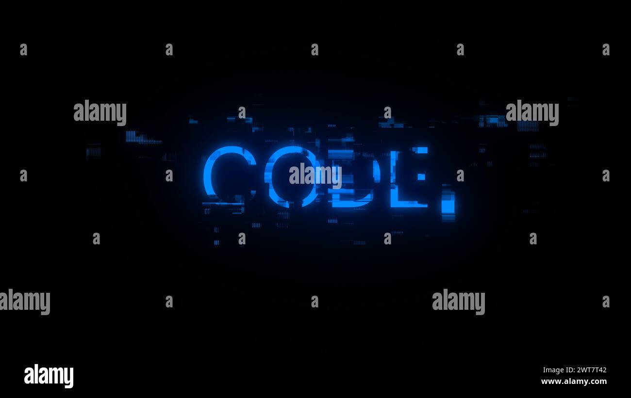 3D rendering code text with screen effects of technological failures ...