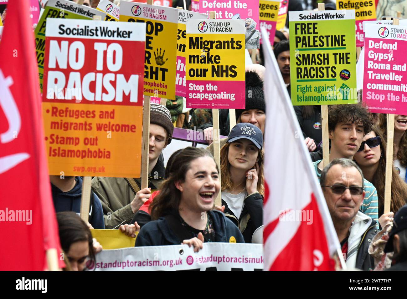 London, UK. 16th Mar, 2024. A Stop Racism, Stop the Hate demonstration in London started with a rally at the Home office and was followed by a march to downing street. It was organised by Stand Up To Racism in conjunction with #HouseAgainstHate, @R3SoundSystem and @lmhrnational supported by 17 trade unions, The Muslim Council of Britain Jewish Socialists' Group other faith groups, organisations, campaigns and Trades Union Congress (TUC). Credi Credit: Guy Bell/Alamy Live News Stock Photo