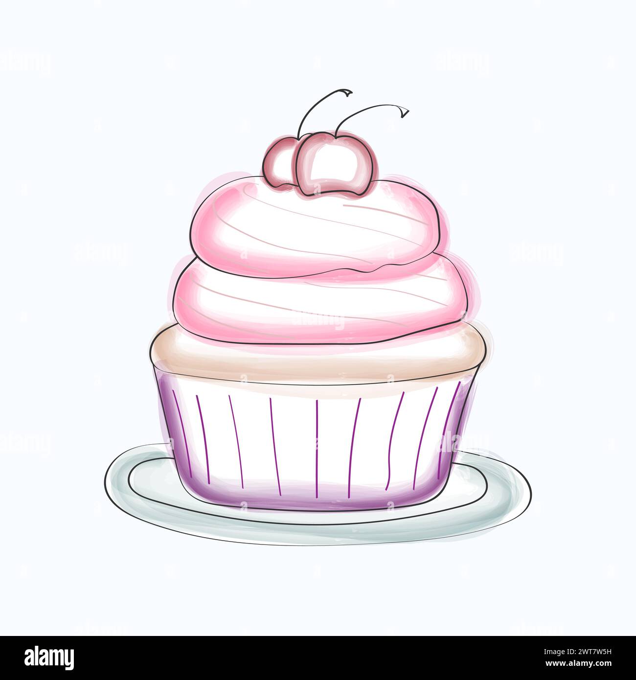 A delicious cupcake with pink frosting and a cherry on top is displayed ...