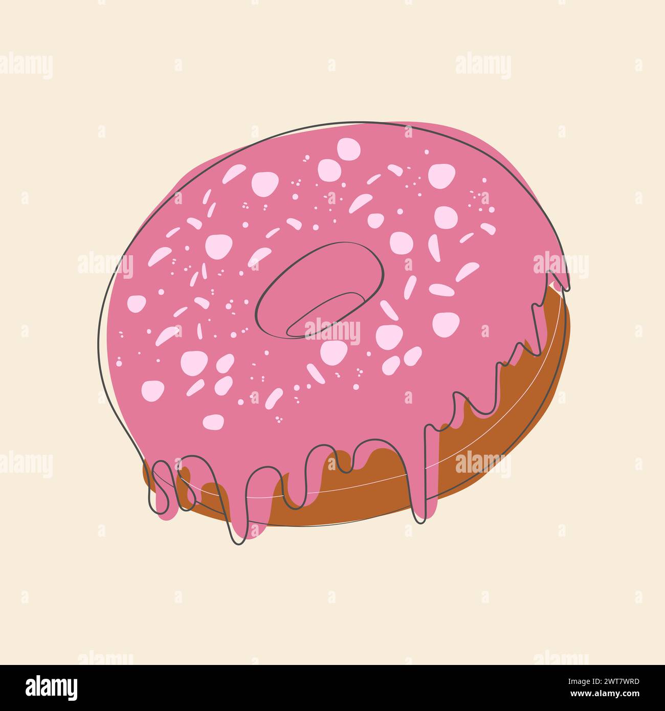A freshly baked doughnut covered in sweet pink icing and colorful sprinkles sits on a white plate Stock Vector