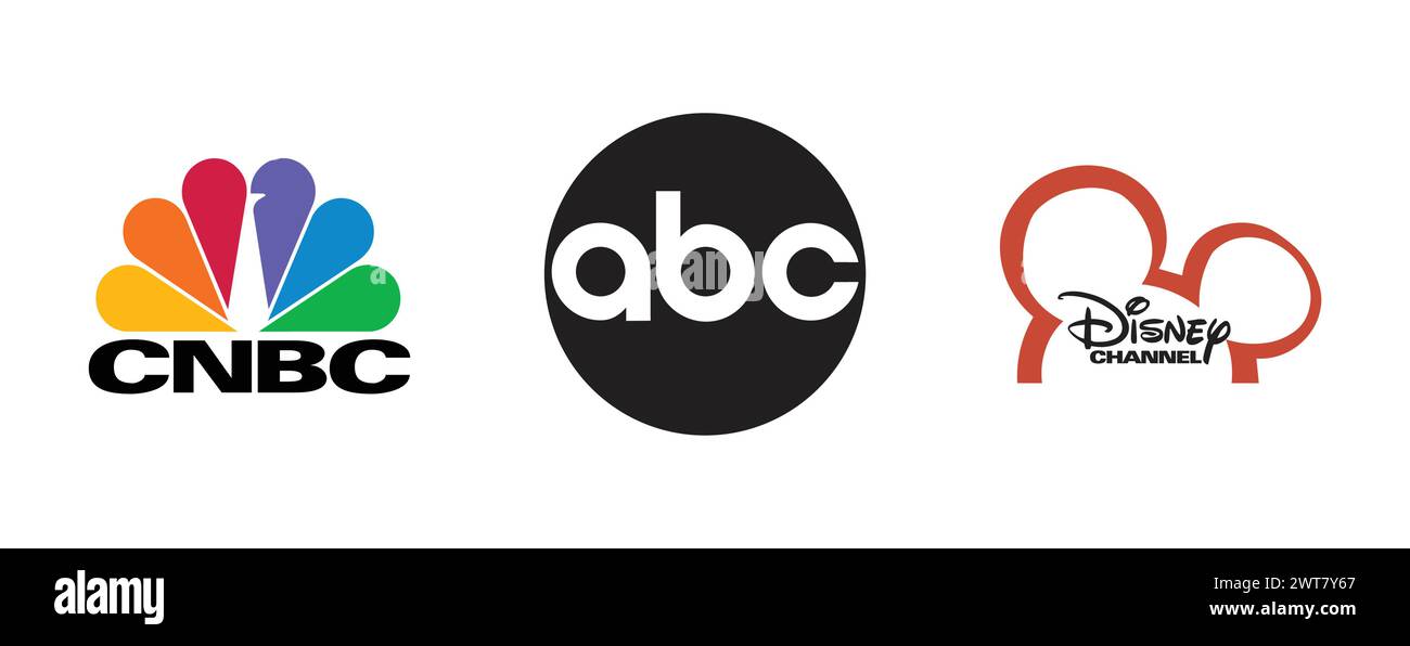 CNBC,ABC Broadcast,Disney Channel. Editorial vector logo collection. Stock Vector