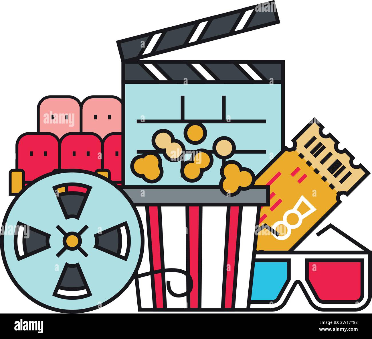 Cinema concept. Color movie theater. Entertainment icons Stock Vector