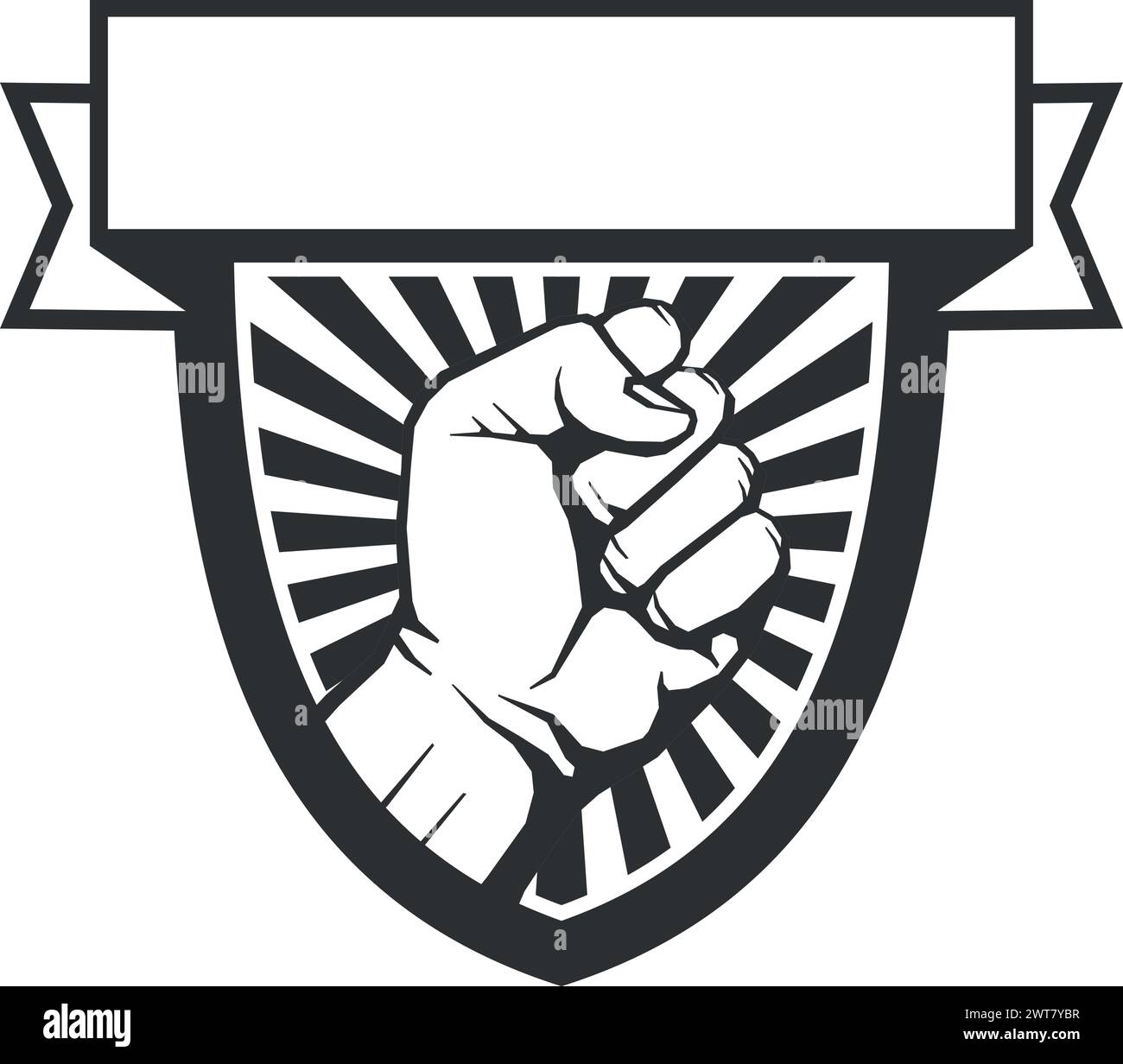 Raising fist badge. Rebel symbol. Strike logo Stock Vector