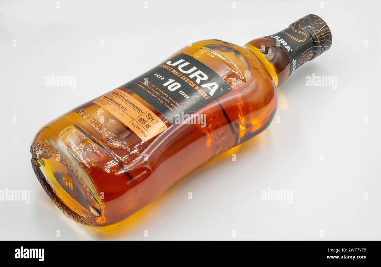 Kyiv, Ukraine - September 06: Studio shoot of Jura Journey Single Malt Scotch whisky bottle closeup against white background. The distillery was found Stock Photo