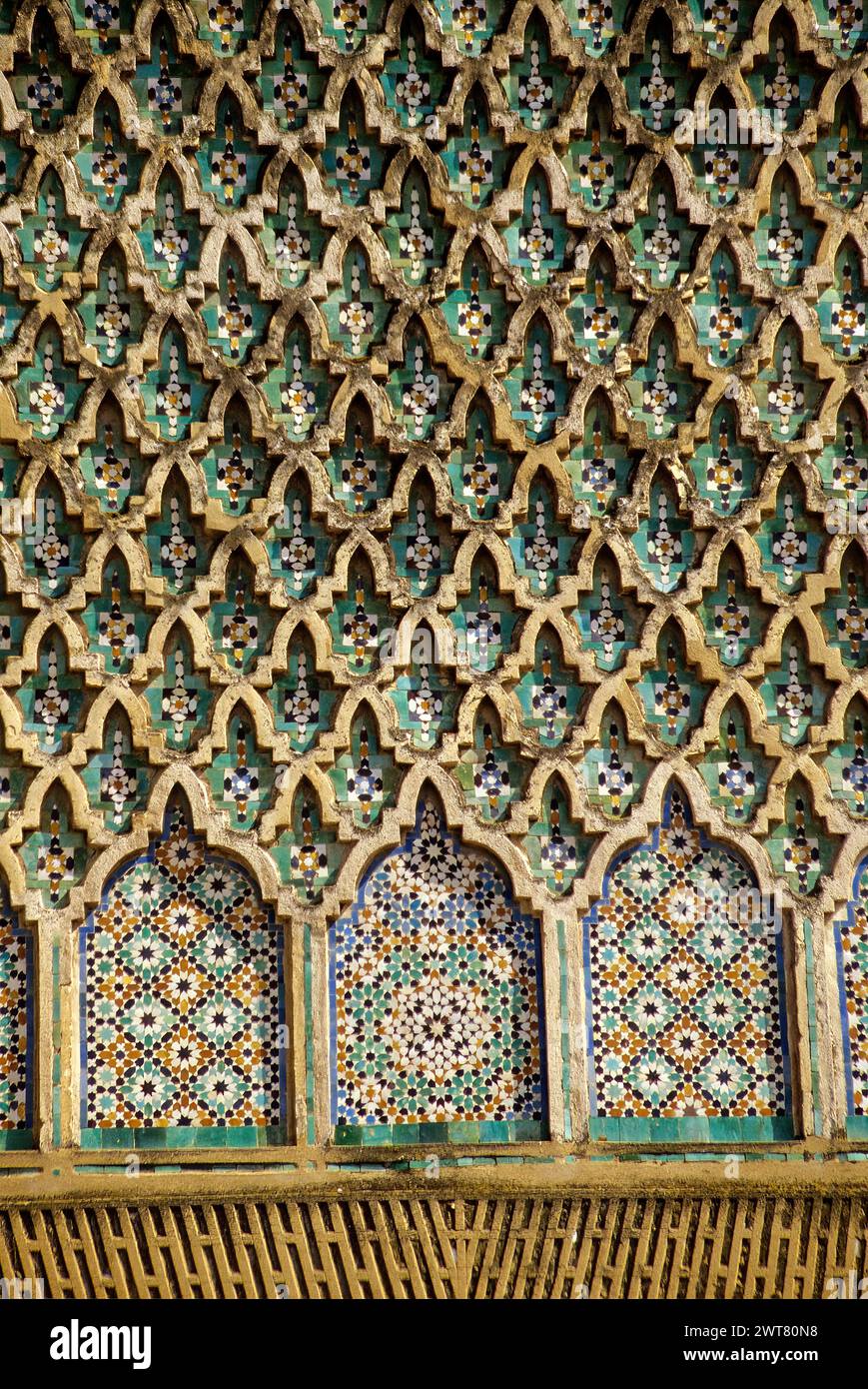 Meknes, Morocco.  Tilework on the Bab Mansour, Gate to the Kasbah (Imperial Quarter), built 1672-1732. Stock Photo