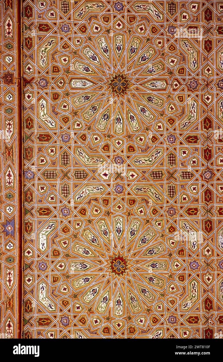 Meknes, Morocco.  Geometric Ceiling Decoration, Mausoleum of Moulay Ismail. Stock Photo