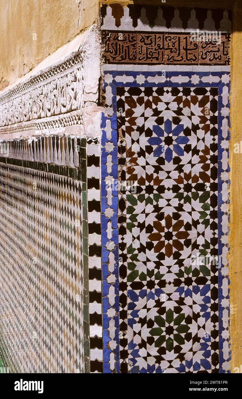 Meknes, Morocco.  Mausoleum of Moulay Ismail.  Zillij Tilework. Stock Photo