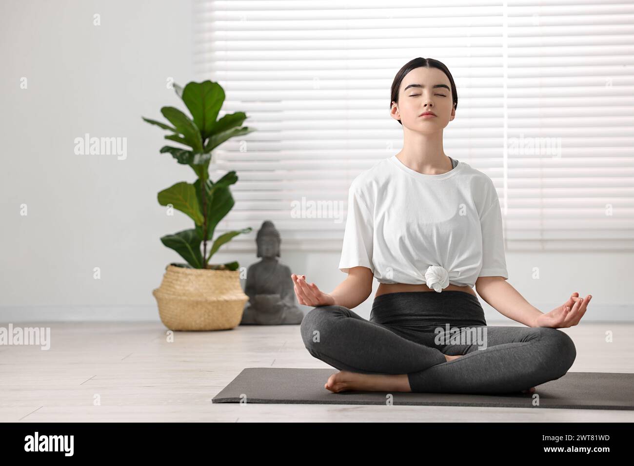 Beautiful girl meditating on mat in yoga studio Stock Photo - Alamy