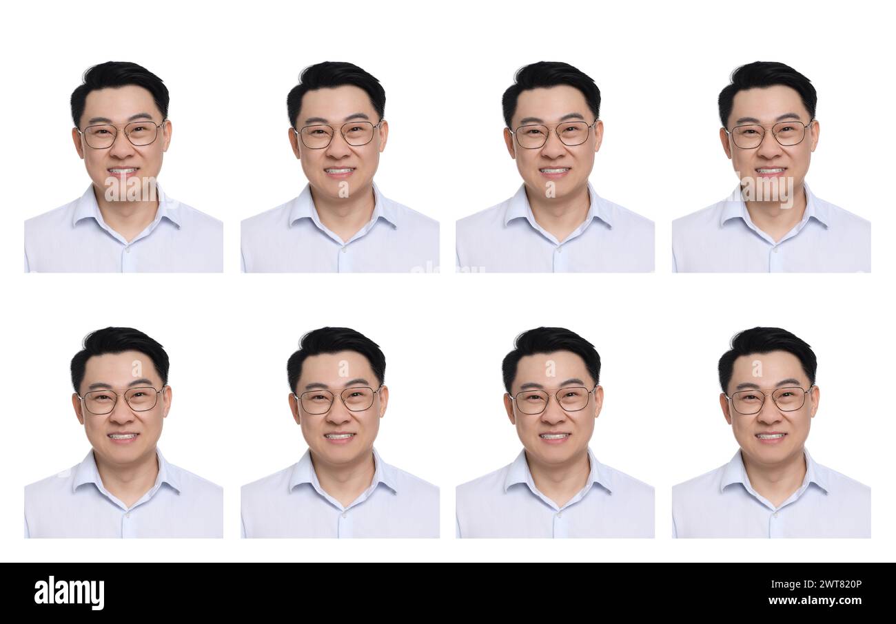 Passport photo, collage. Man on white background, set of photos Stock Photo