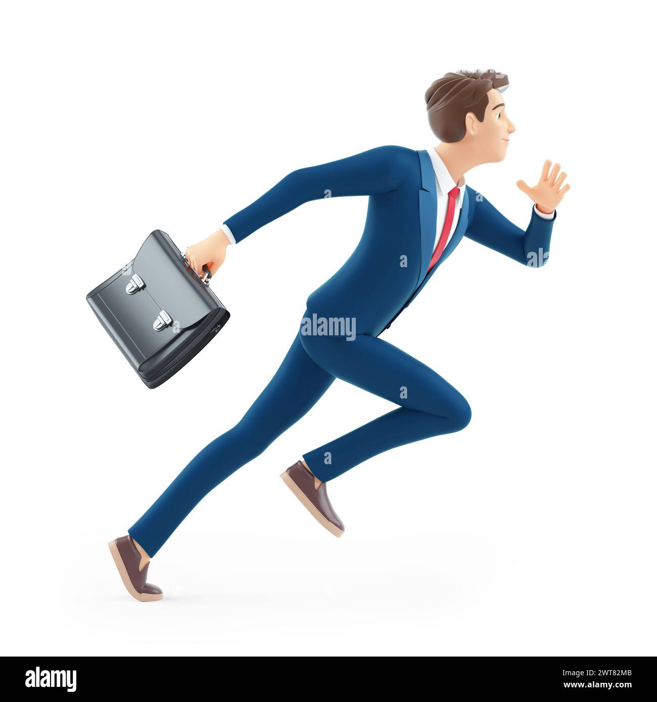 3d cartoon businessman running very fast with a briefcase, illustration isolated on white background Stock Photo