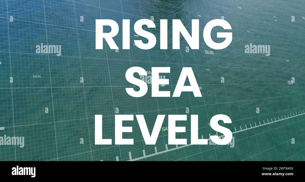 Image of rising sea levels over financial graph and seascape Stock Photo