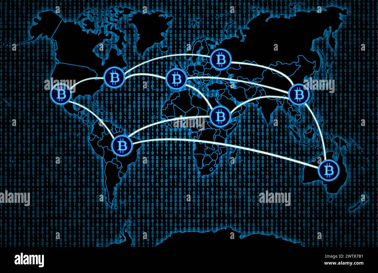 International bitcoin transactions on a dark world map background. Stock Photo