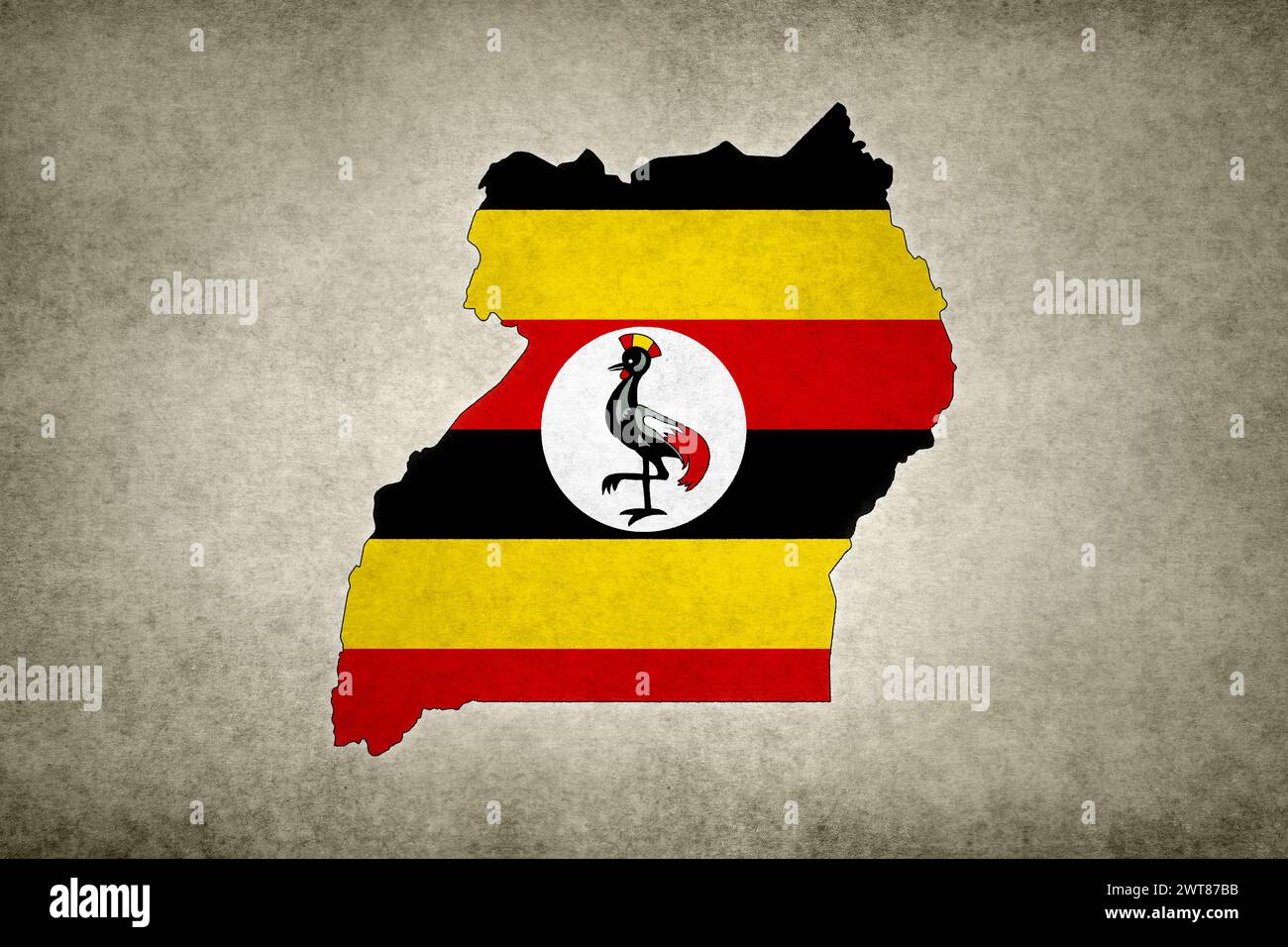Grunge map of Uganda with its flag printed within its border on an old paper. Stock Photo