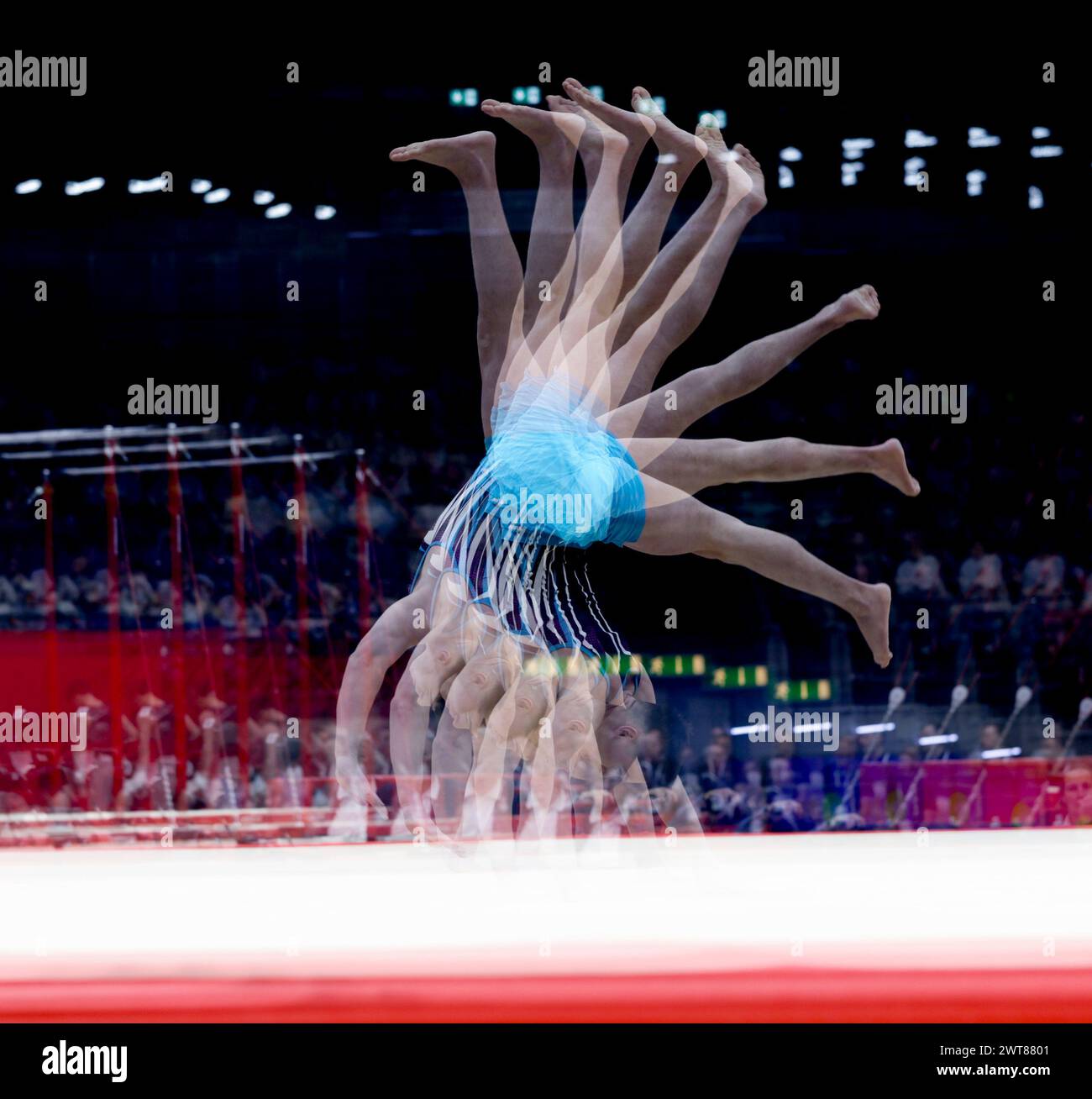 Liverpool, UK. 16th Mar, 2024. 16th March 2024, M&amp;S Bank Arena, Liverpool, England; British Gymnastics Championships Day 3; Multiple exposure of a men's floor routine tumble Credit: Action Plus Sports Images/Alamy Live News Stock Photo