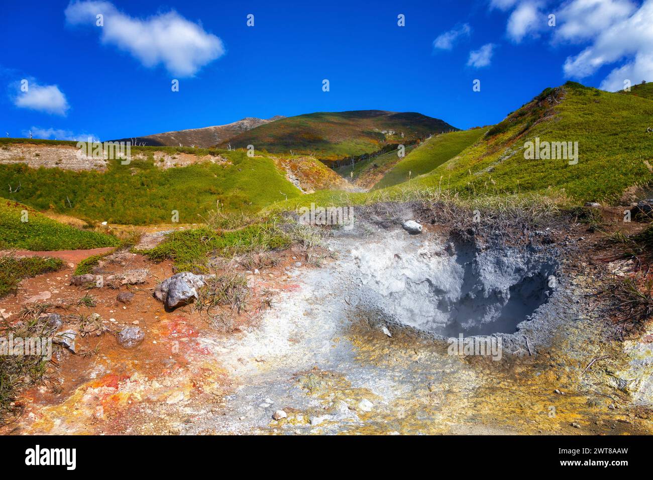 Craters with boiling volcanic mud. Iturup, Kuril Islands. Russia Stock Photo