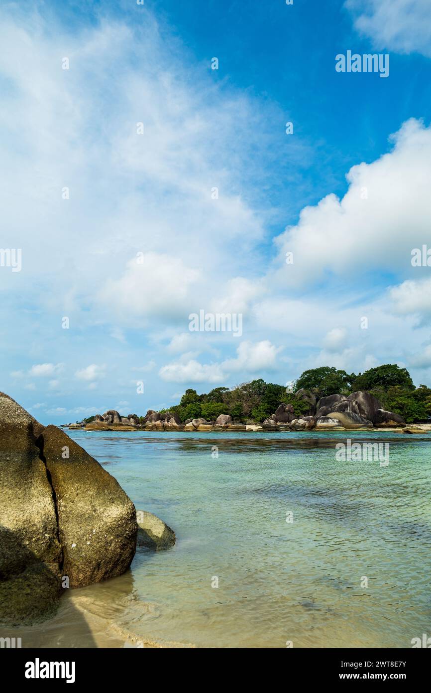 Belitung beach landscape, Tanjung Tinggi beach, a famous iconic beach with big rocks in Belitung, Indonesia. Also known as Laskar Pelangi beach Stock Photo