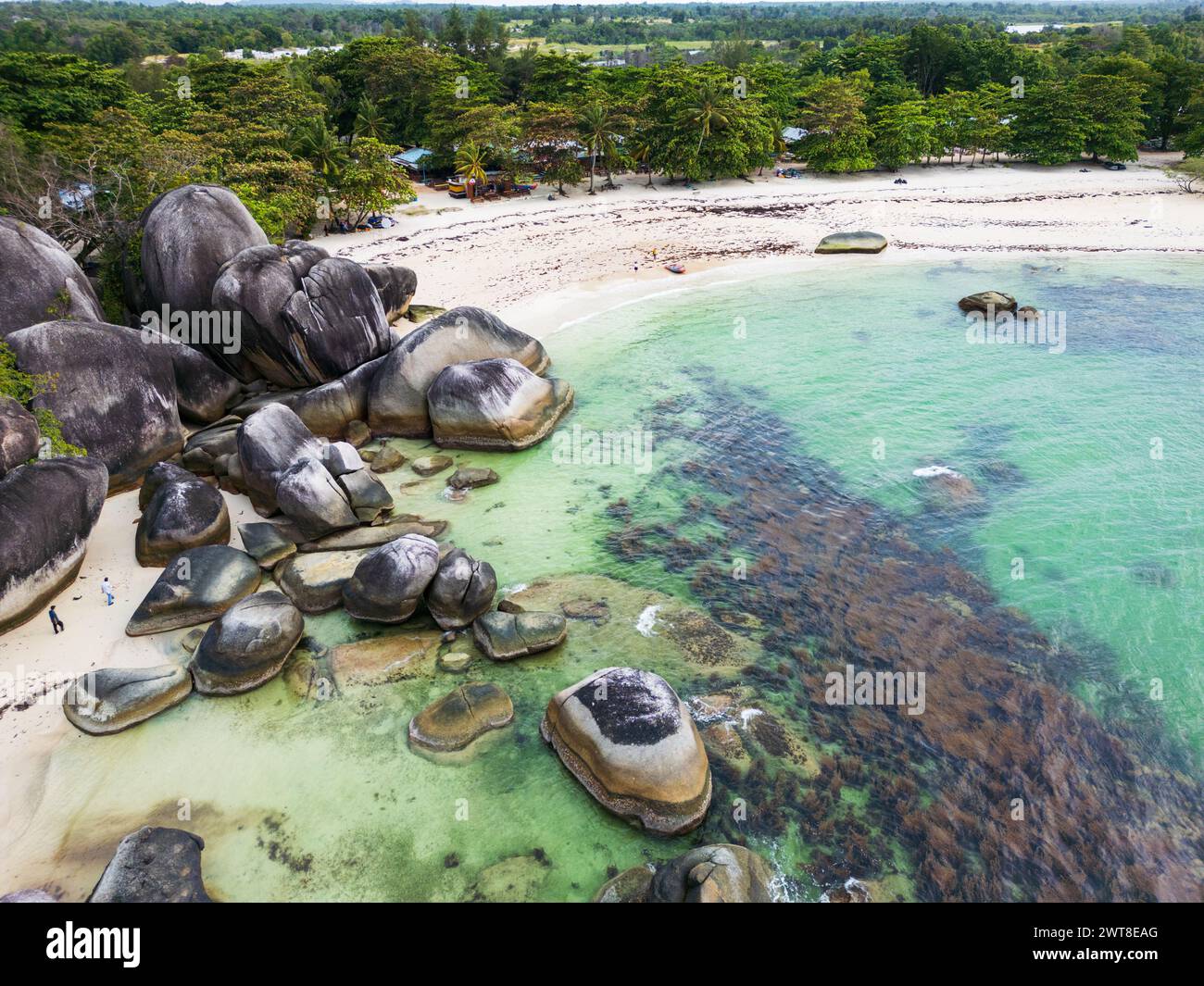 Belitung beach drone view, Tanjung Tinggi beach, a famous iconic beach with big rocks in Belitung, Indonesia. Also known as Laskar Pelangi beach Stock Photo