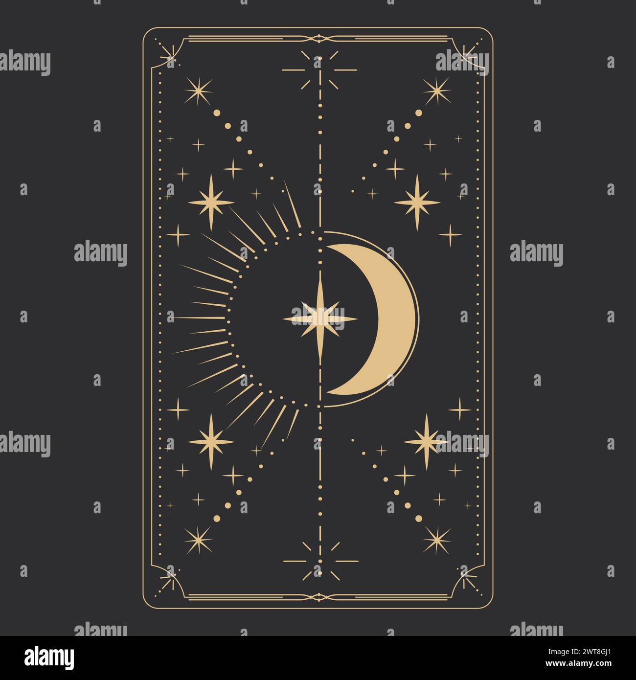 Set tarot frame border with golden celestial elements, esoteric astrology mystery ornament with moon, star isolated on dark background. Vector illustration Stock Vector