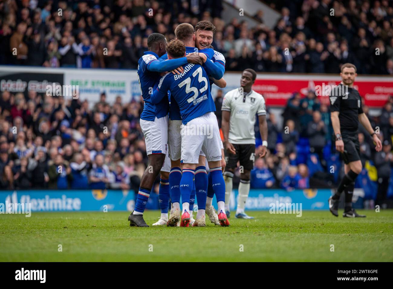 Cameron Burgess of Ipswich Town celebrates with teammates during the Sky Bet Championship match between Ipswich Town and Sheffield Wednesday at Portman Road, Ipswich on Saturday 16th March 2024. (Photo: David Watts | MI News) Credit: MI News & Sport /Alamy Live News Stock Photo