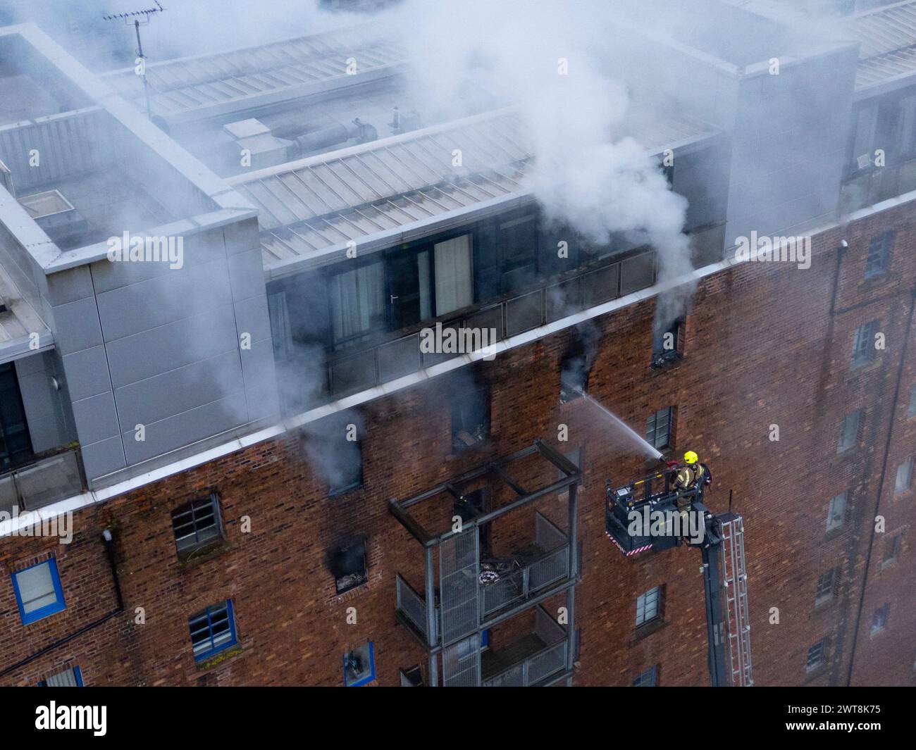 Edinburgh, Scotland, UK. 14th March, 2024. Aerial views of fire in