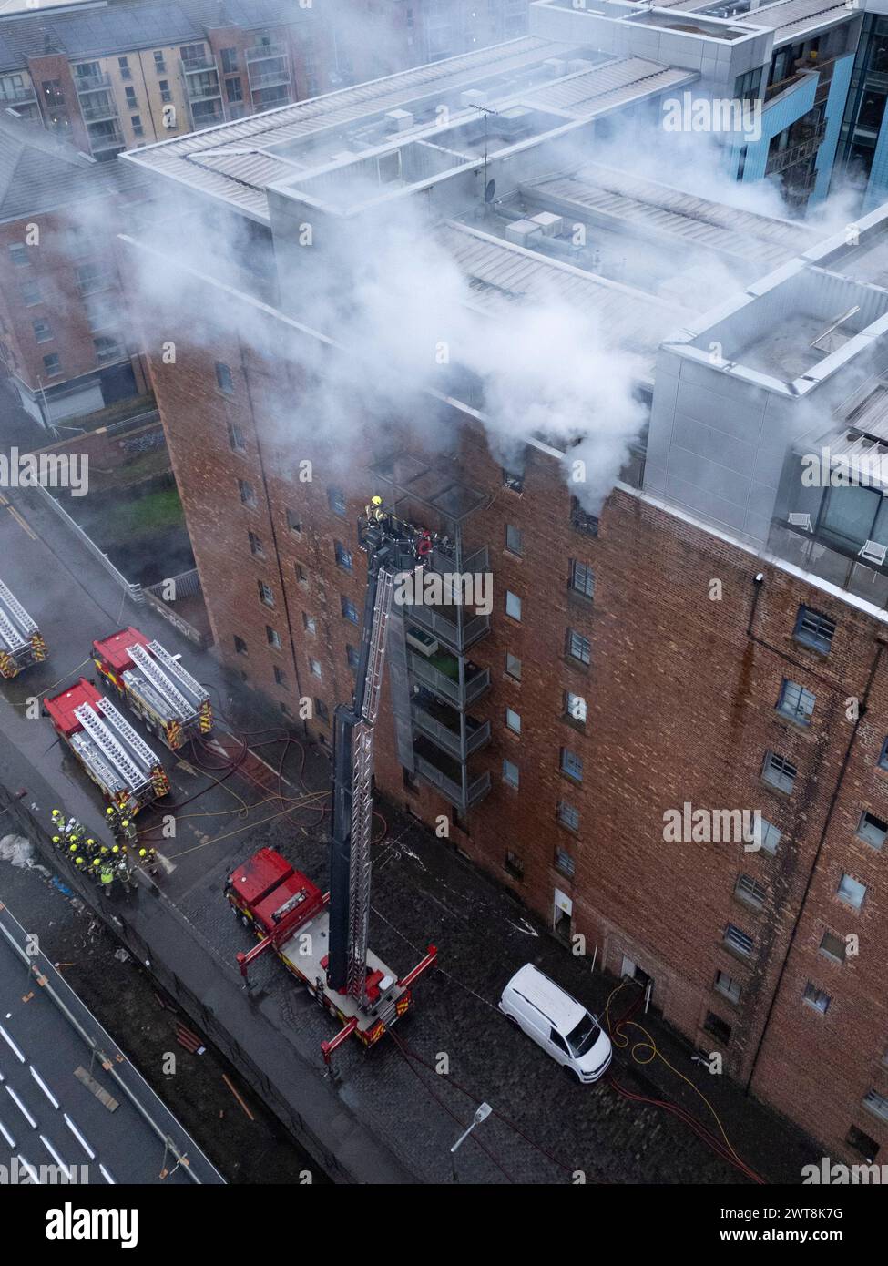 Edinburgh, Scotland, UK. 14th March, 2024. Aerial views of fire in