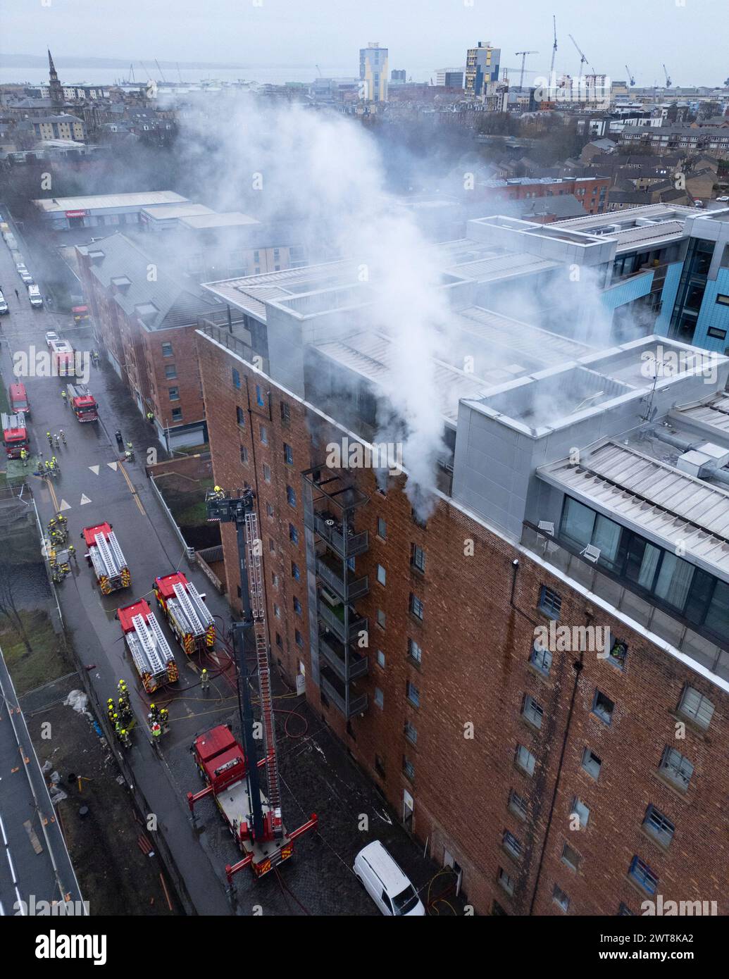 Edinburgh, Scotland, UK. 14th March, 2024. Aerial views of fire in