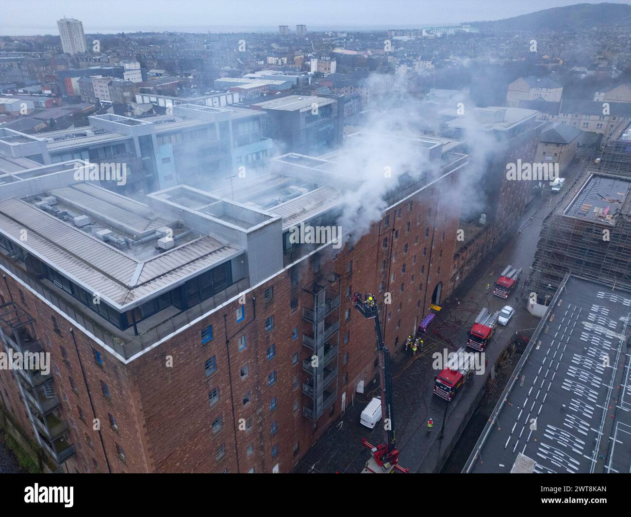 Edinburgh, Scotland, UK. 14th March, 2024. Aerial views of fire in