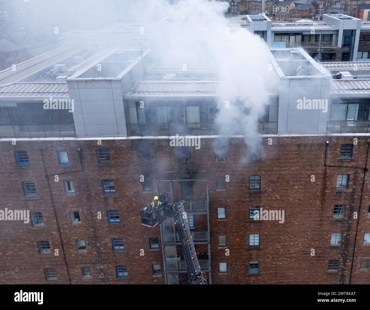 Edinburgh, Scotland, UK. 14th March, 2024. Aerial views of fire in