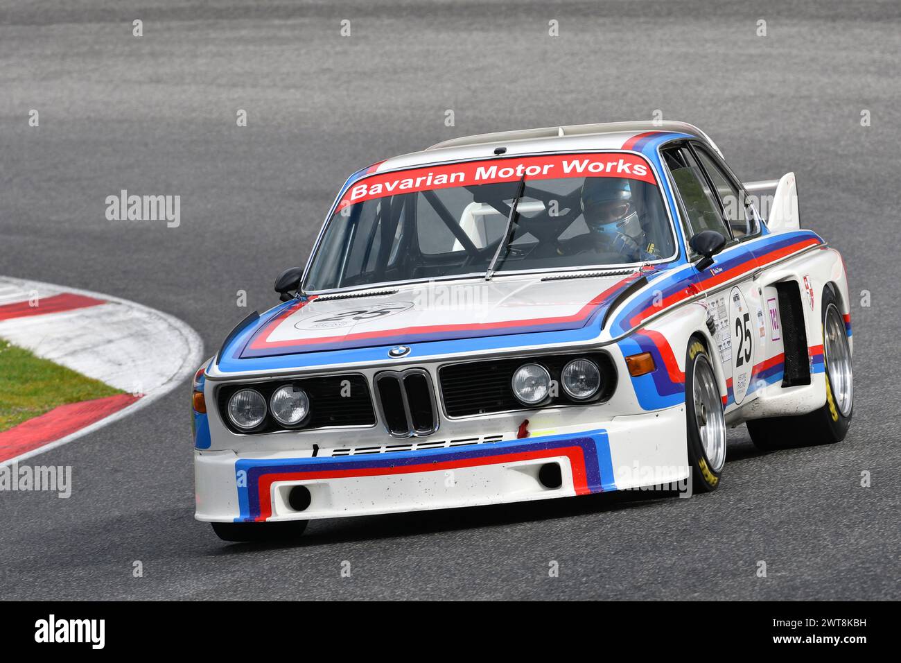 Scarperia, 2 April 2023: BMW 3.0 CSL 1975 in action during Mugello Classic 2023 at Mugello Circuit in Italy. Stock Photo